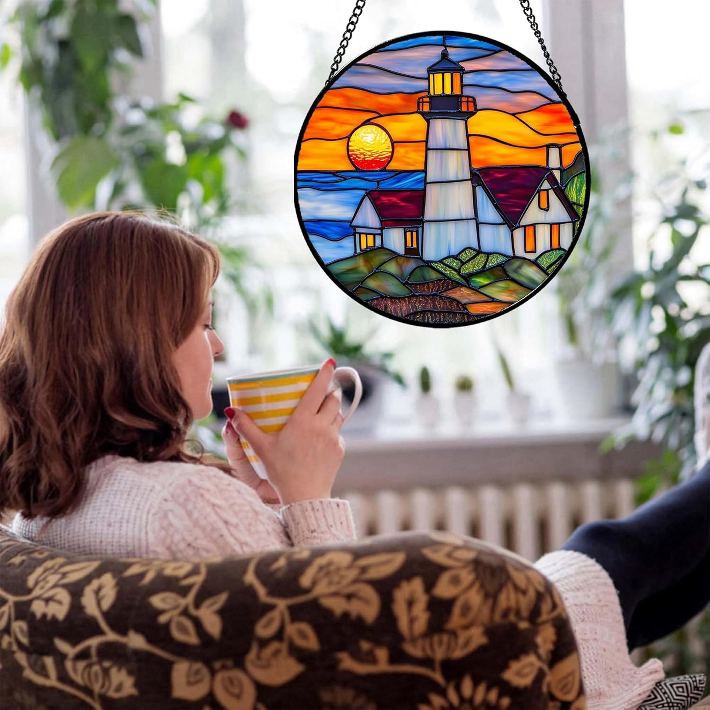 Stained Glass Window Hanging - Sea Lighthouse Suncatcher for Door Terrace Garden Home Decor Sunset Beach Scenery Sun Catcher Birthday Gifts for Lovers Women Men Dad Mom Nana 6.3 in