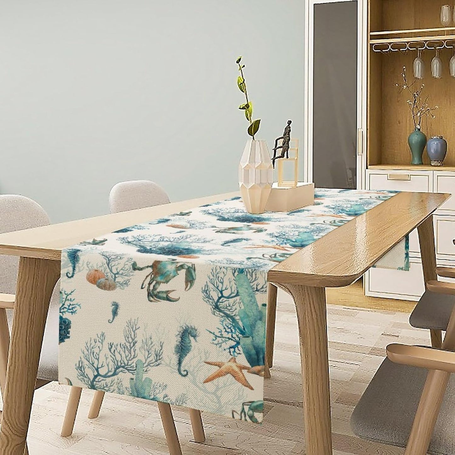 Nautical Coast Table Flag, Ocean Beach Seahorse Shell, Vintage Sailboat Lighthouse Anchor Table Decoration for Indoor and Outdoor Home Party Decor 13x108 Inch