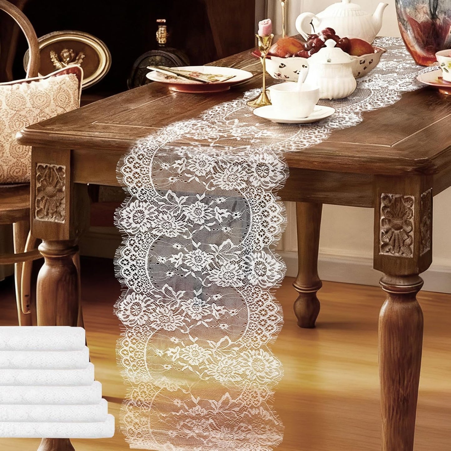 HAIBAS 6 Pcs White Lace Table Runners 14 x 120 Inch Boho Rose Embroidered Floral Vintage Rustic Table Decoration for Wedding Party Bridal Shower Decorations