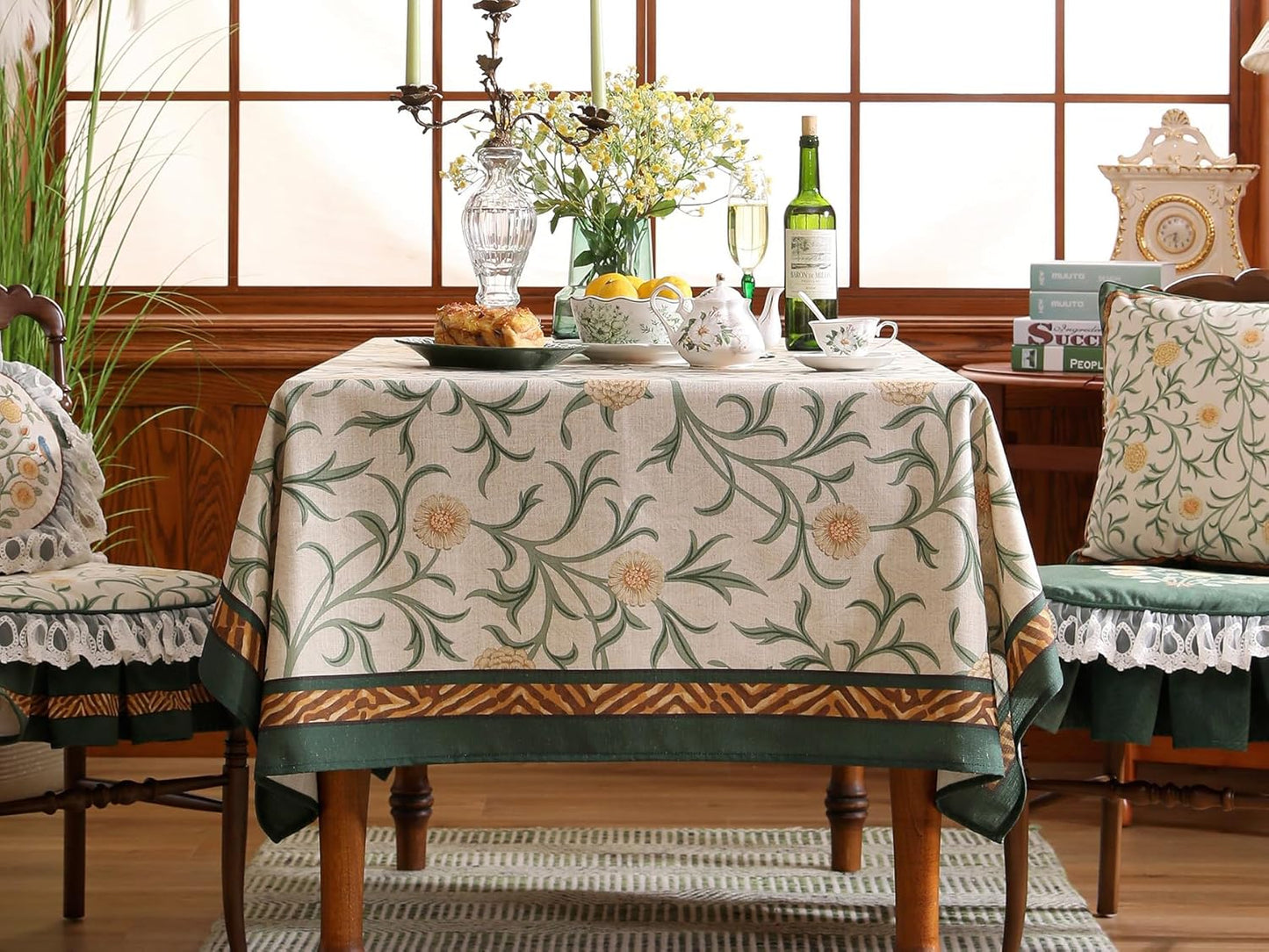 patdrea Designer Floral Linen Table Cloth for Sqaure Table,Vintage French Tablecloth,Small Colorful Decoration Cover for Kitchen Dining,Christmas,Tea Party,Thanksgiving,55"x55"-Littledaisy