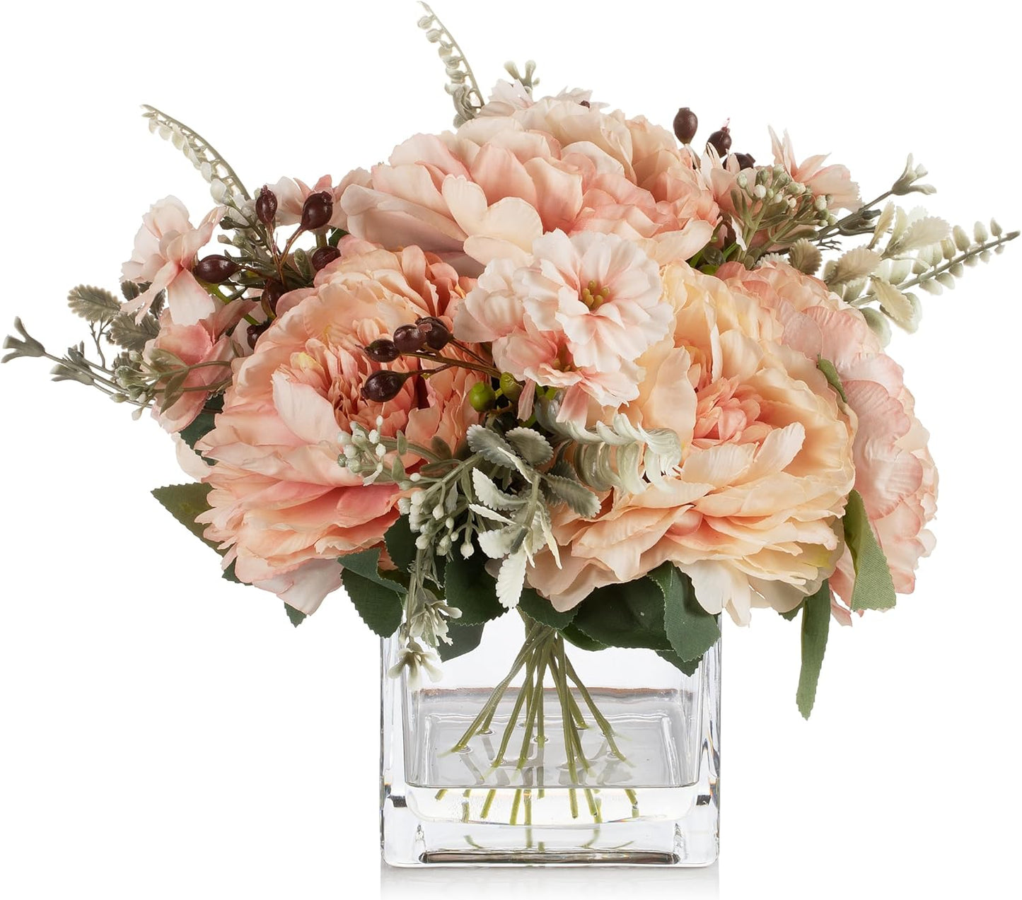 ENOVA FLORAL Artificial Flower Arrangement with Vase,Mixed Artificial Silk Peony Flower in Vase for Decoration Home Office, Wedding Centerpiece (Champagne)