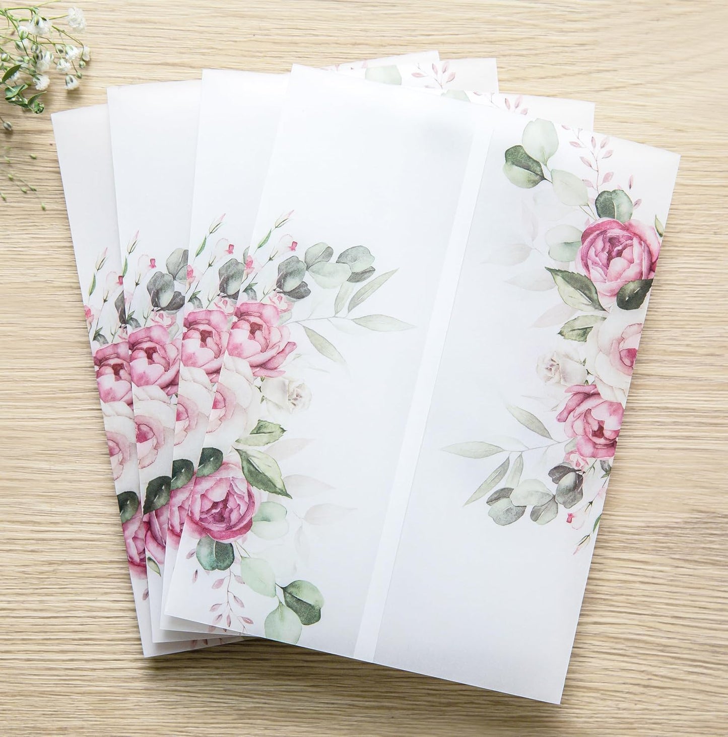 PONATIA 50 PCS Vellum Jackets for 5x7 Invitation Cards - Dusty Rose Flowers Vellum Sleeves, Transparent Gift Card Jackets