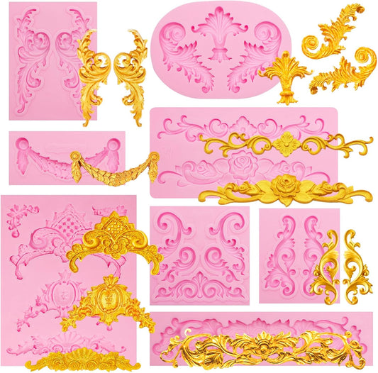Baroque Scroll Pattern Silicone Craft Molds Border Decorative Silicone Moulds for Crafting polymer clay Fondant Chocolate 8-Piece Set