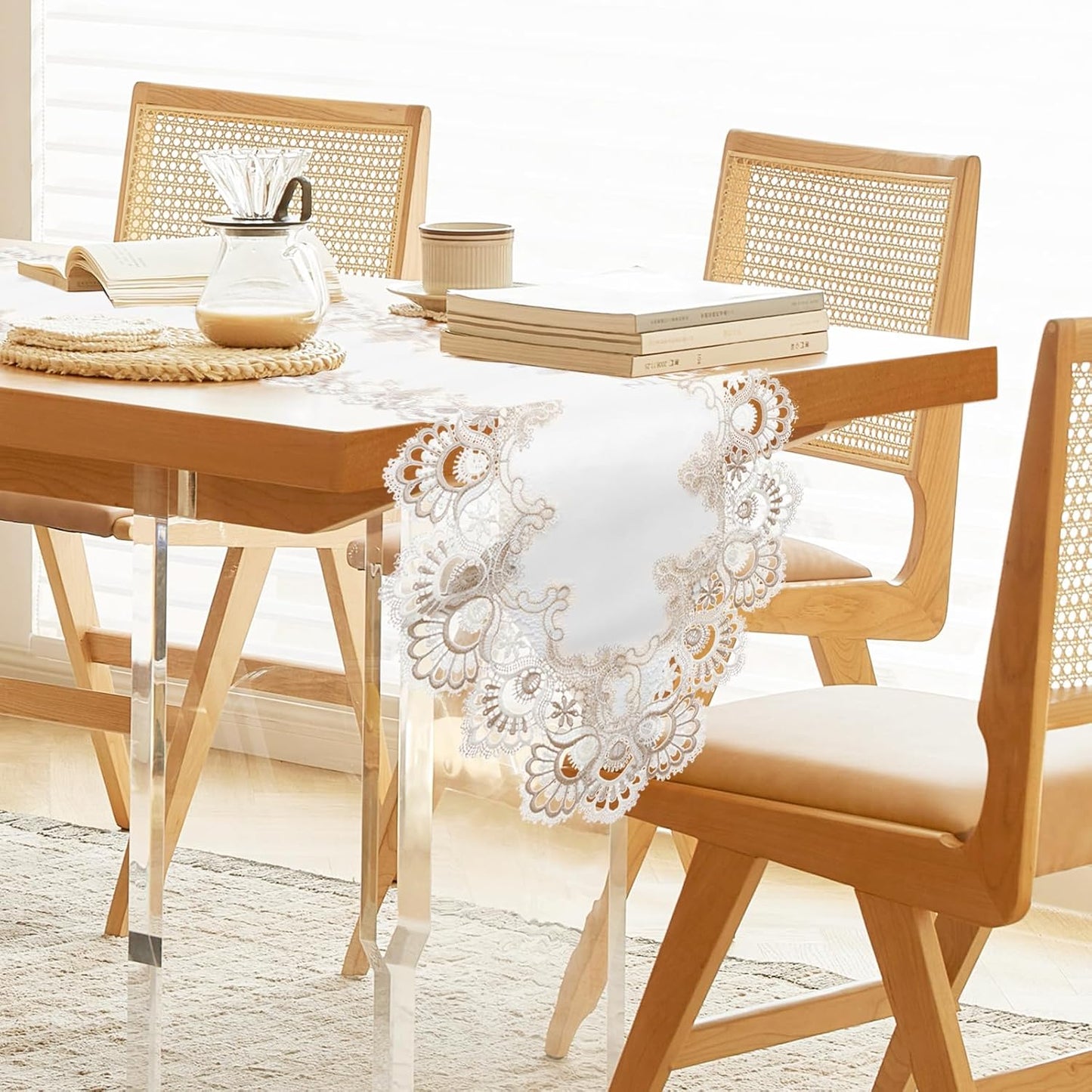 Vintage Lace Dining Table Runner, 72 Inches Macrame Coffee Table Runners for Kitchen Home Christmas Party Decorations (16x72 inch,Off White)