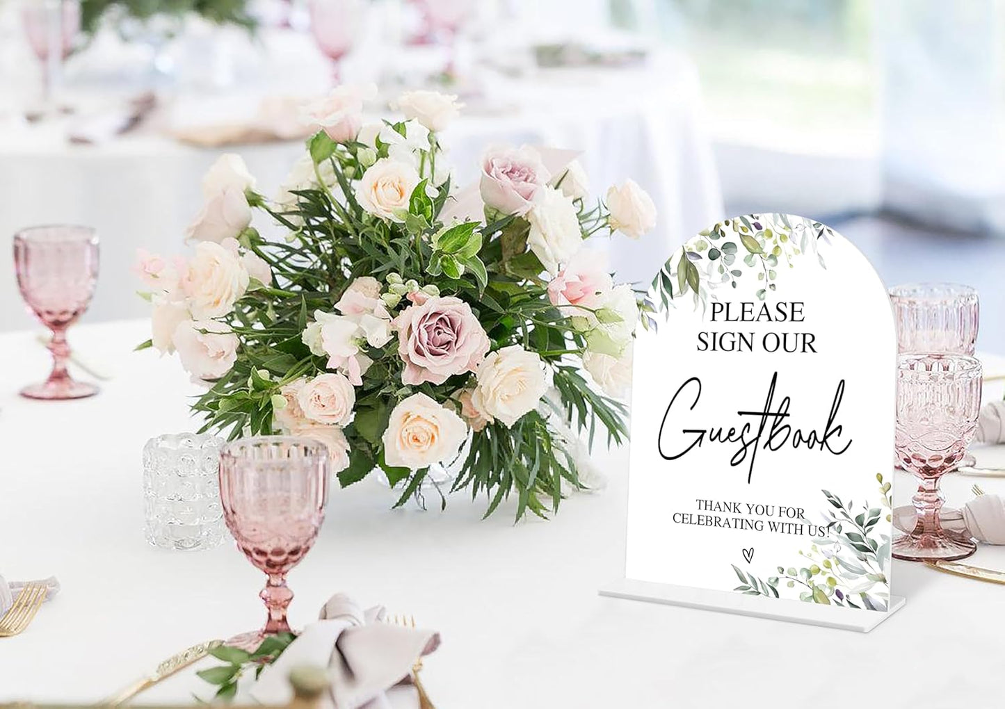 Greenery Please Sign Our Guestbook Sign, 6 x 8 Inch White Arch Acrylic Wedding Sign with Holder, Wedding Sign for Ceremony and Reception, Wedding Decoration, Wedding Supplies - LY02