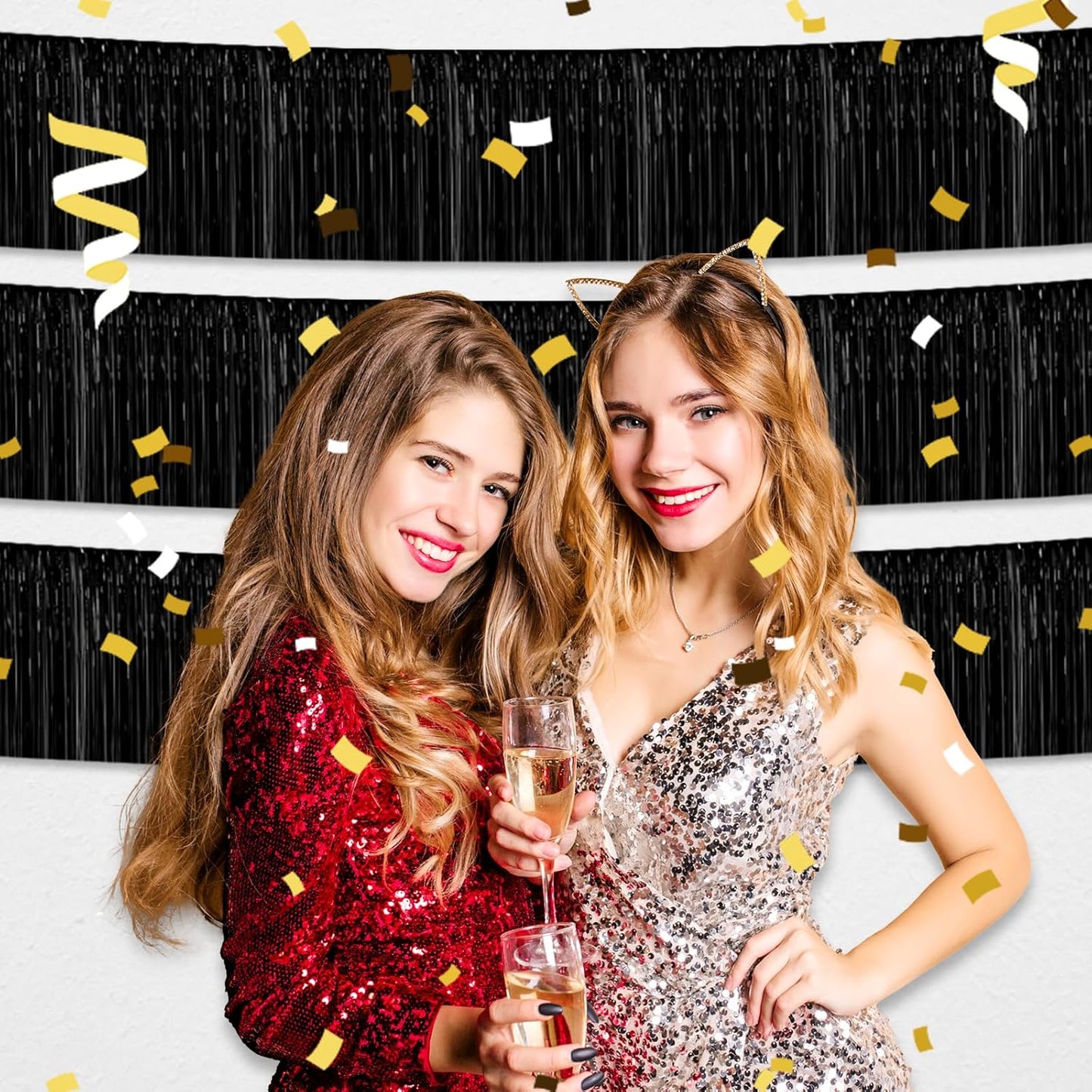 3 Pack 10 Long Black Metallic Foil Fringe Garland Wall Hanging Tassle Banner, Mother's Day, Easter, Parade Floats, Birthday, Theme Party, Wedding Party Decorations