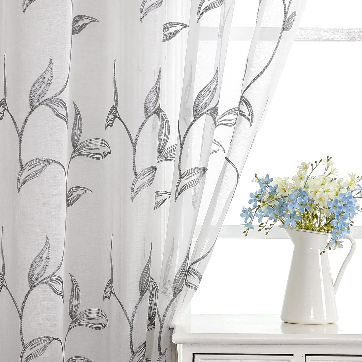 VISIONTEX Sheer Curtains 84 Inch Length 2 Panels, Decor Iron Grey Vine Leaves Embroidery on White Voile Pair, Accent Semi Window Drapes for Kitchen, Living Room and Bedroom, 54" W x 84" L