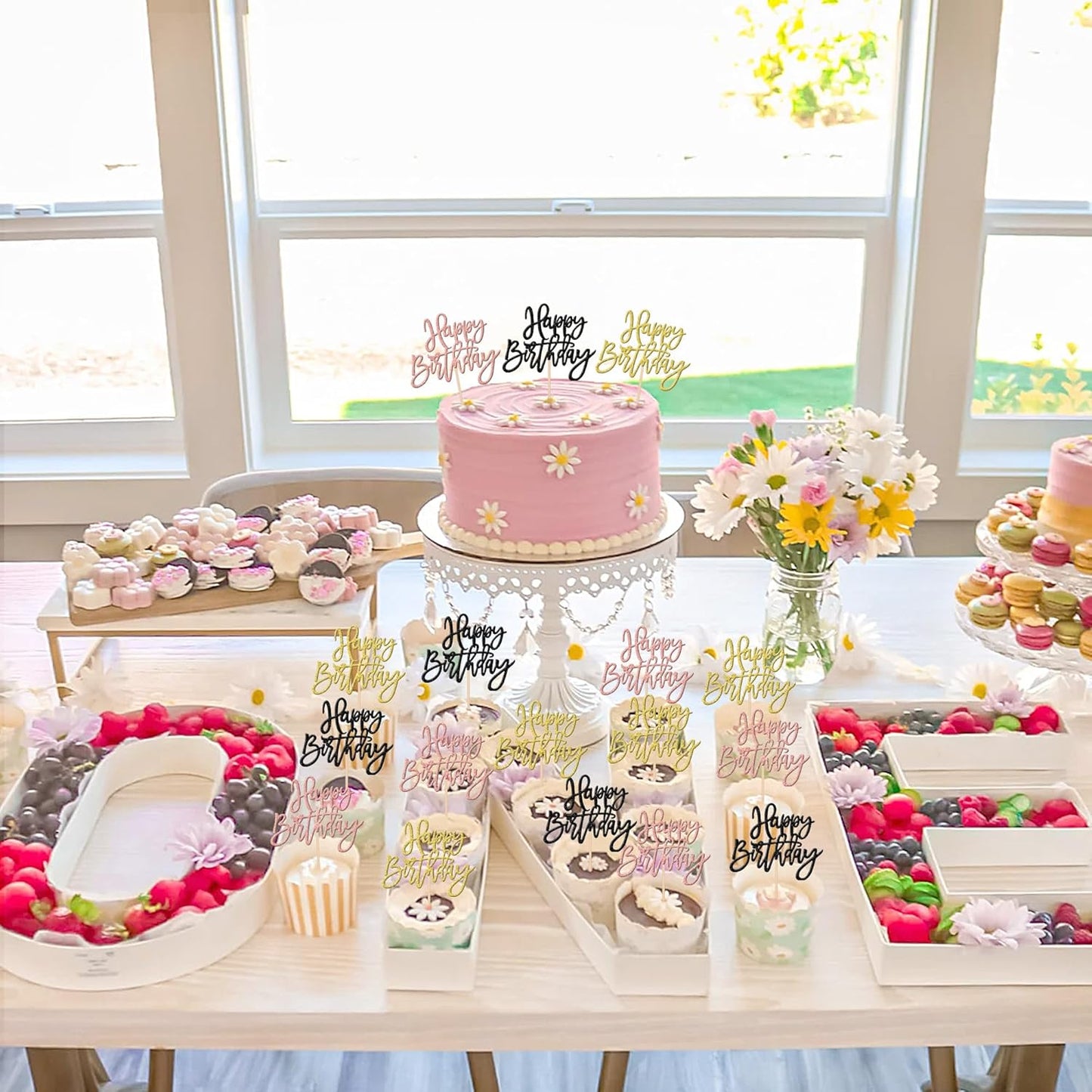 24 PCS Happy Birthday Cupcake Toppers Glitter Happy Birthday Cupcake Picks for Celebrating Anniversary Theme Party Cake Decorations Supplies Gold Black Rose Gold