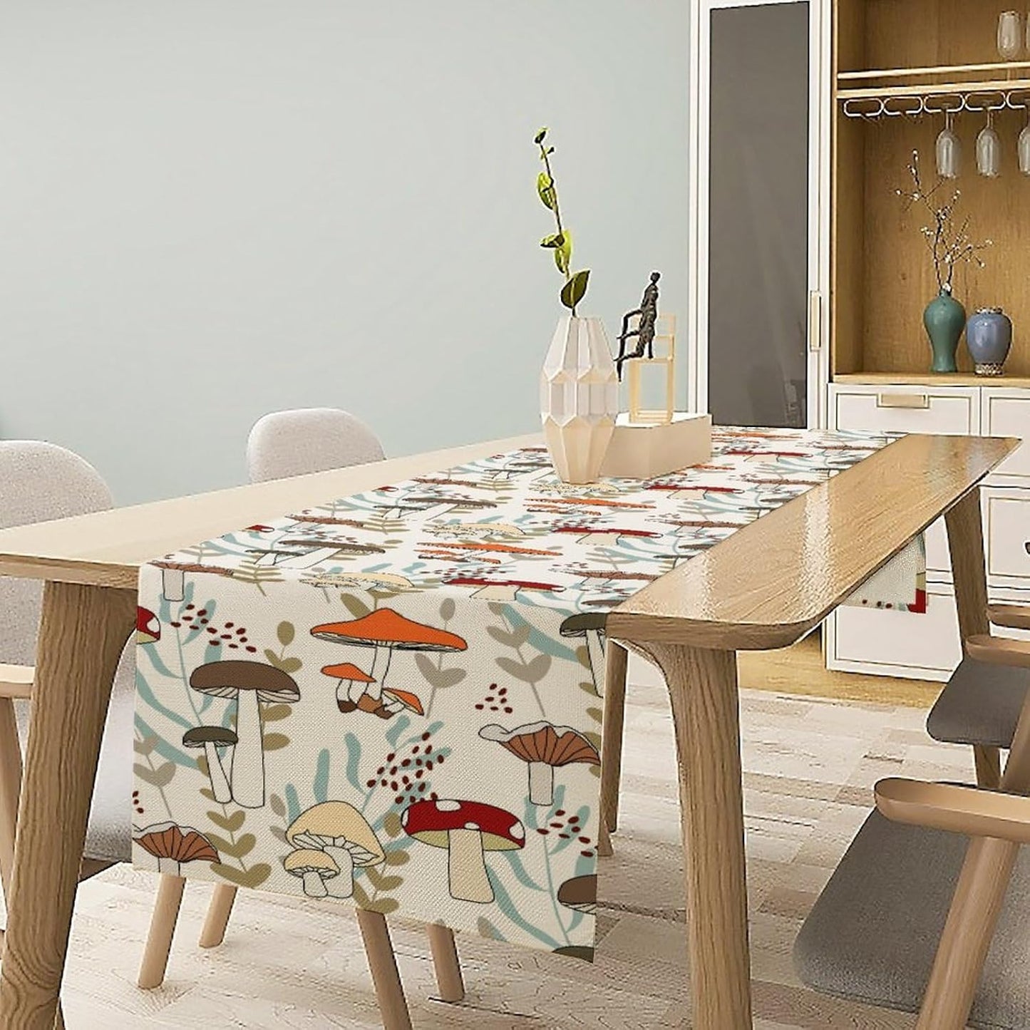 Mushroom Table Runner, Vintage Nature Plant Table Runner for Farmhouse Kitchen Dining Table Decoration for Home Party Decor 13x60 Inch