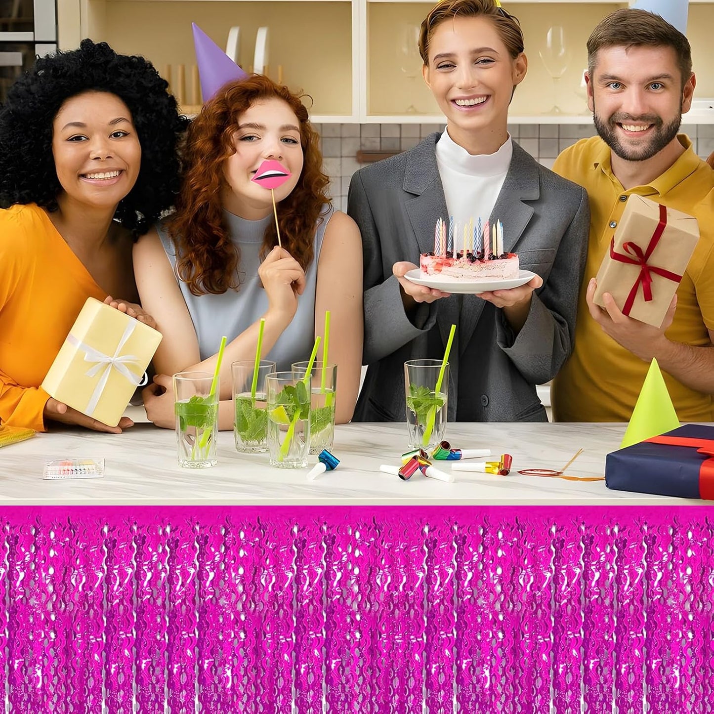 6 Pack 29x108 Inch Rose Red Wave Foil Fringe Table Skirts Metallic Banner for Tinsel Streamer Garland Backdrop for Parade Floats Mother's, Graduate, Mardi Gras, Birthday, Wedding Party Decorations