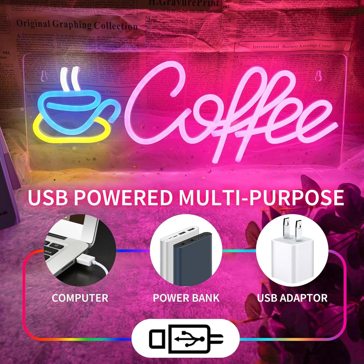 Coffee Neon Sign, Dimmable Coffee Bar Signs for Wall Decor, USB Powered Neon Light Sign with Metal Chain, Led Light Room Decor for Restaurants, Café Shop Window, Office Loung