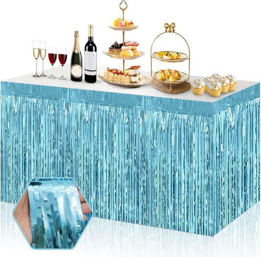 3 Pack 29x108 Inch Light Blue Foil Fringe Table Skirts Metallic Banner for Tinsel Streamer Garland Backdrop for Parade Floats Wedding Thanksgiving Birthday Christmas Halloween Party Decoration