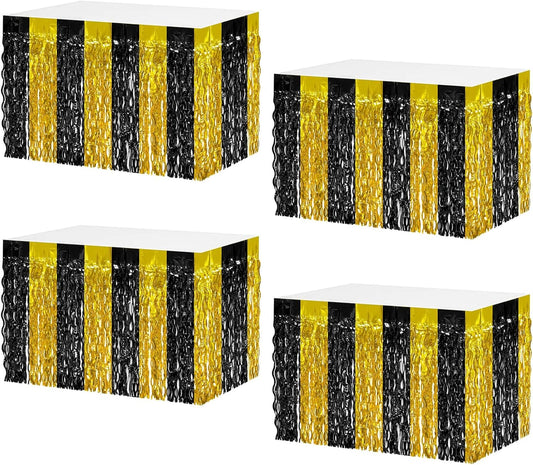 4P Wavy Metallic Tinsel Foil Fringe Table Skirts for Rectangle Tables Backdrop Garland Curtains for Parade Floats Wedding Birthday Parties Decoration Graduation 2025 Christmas (Black Gold)