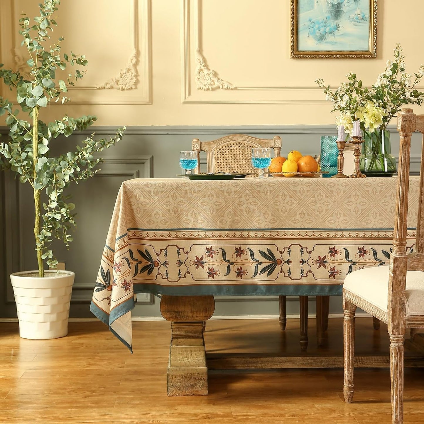 patdrea Designer French Rectangular Tablecloth,Beige Anti-Wrinkle Durable Floral Farmhouse Table Cloth,Decor Tables Covers for Kitchen Dining,Tea Party,Christmas,Thanksgiving,55"x79"-Fram