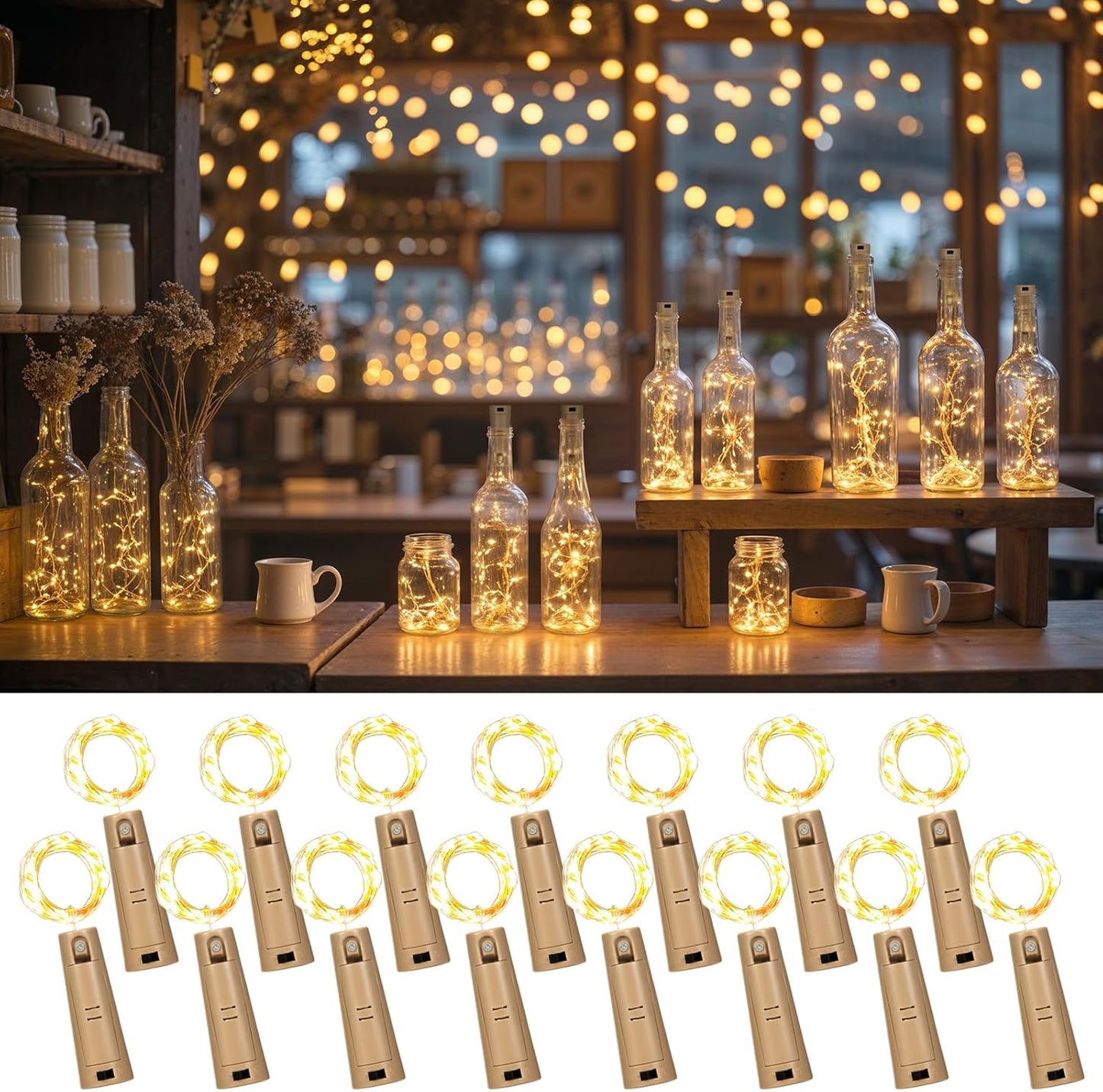 Dual Battery Pack LED Bottle Lights, 6.6ft 20led Double The Lighting Time, for Indoor and Outdoor use, for Christmas,(15 Pack, Warm White（Dual Battery Pack）)