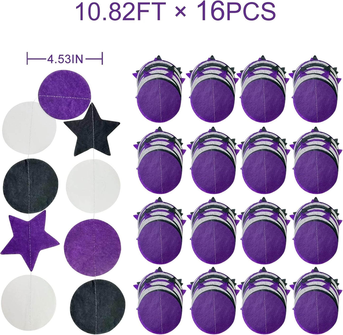 173 Ft Purple Black and White Party Decorations Big Star Circle Dot Backdrop Streamer Garland for Graduation Birthday Bachelorette Engagement Wedding Bridal Shower Baby Shower Halloween Party Supplies