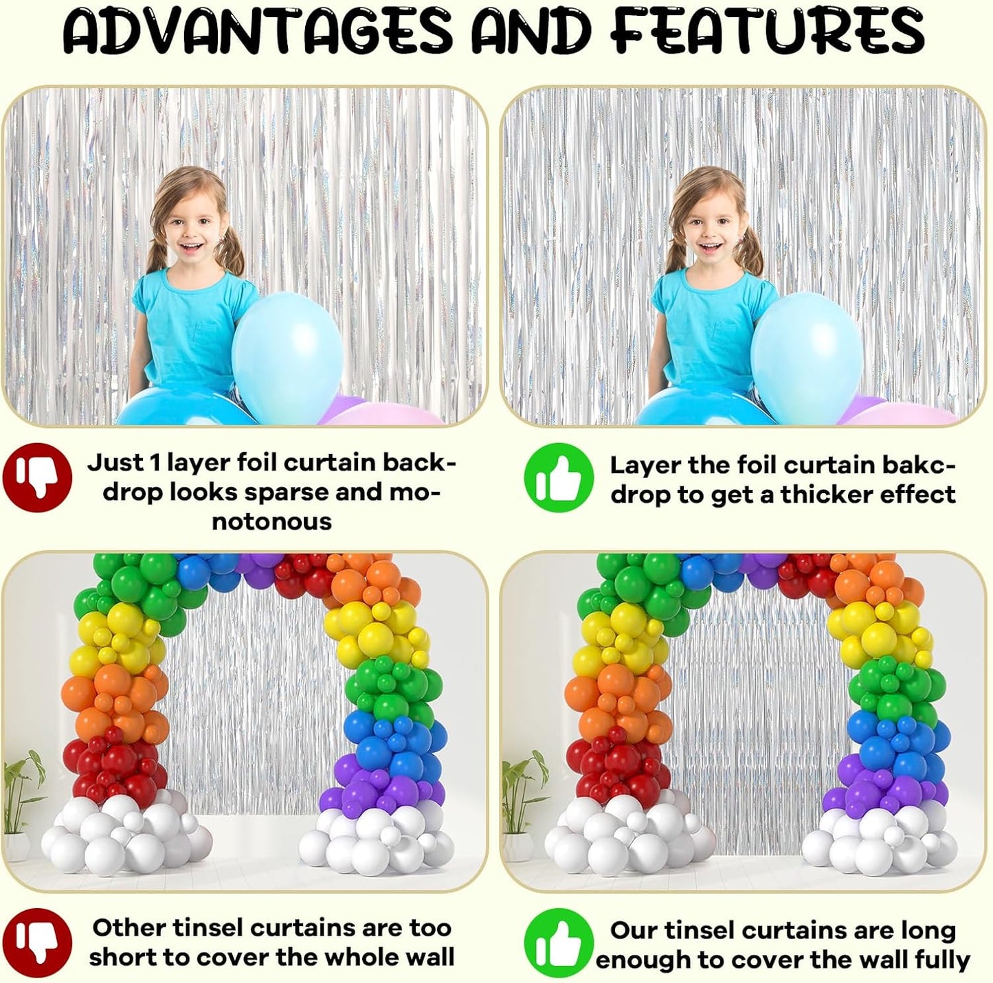 2 Pack Laser Silver Foil Fringe Backdrop Curtains, Tinsel Streamers Birthday Party Decorations, Fringe Backdrop for Graduation, Baby Shower, Gender Reveal, Disco Party