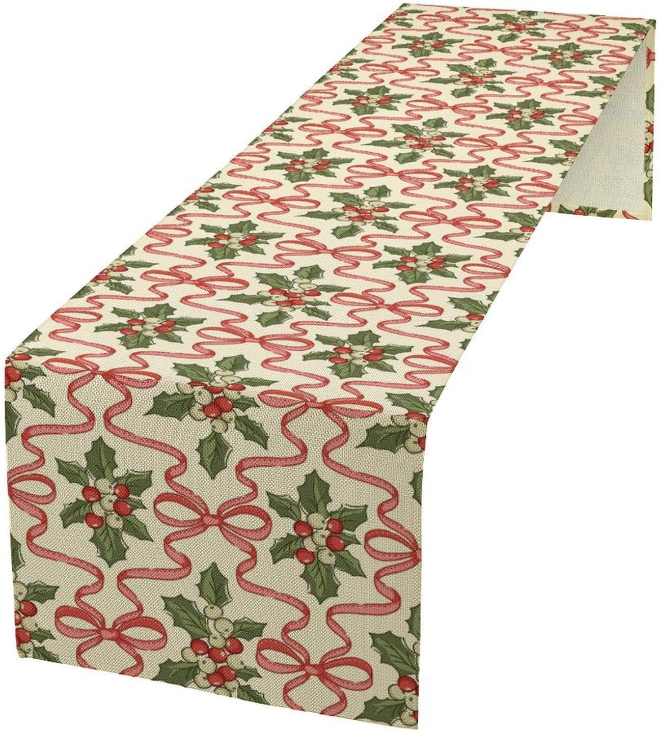 Christmas Table Runner,Xmas Holiday Bowknot Decor Table Cloth Kitchen Dining Table Decoration for Home Party Decor 13x120 Inch