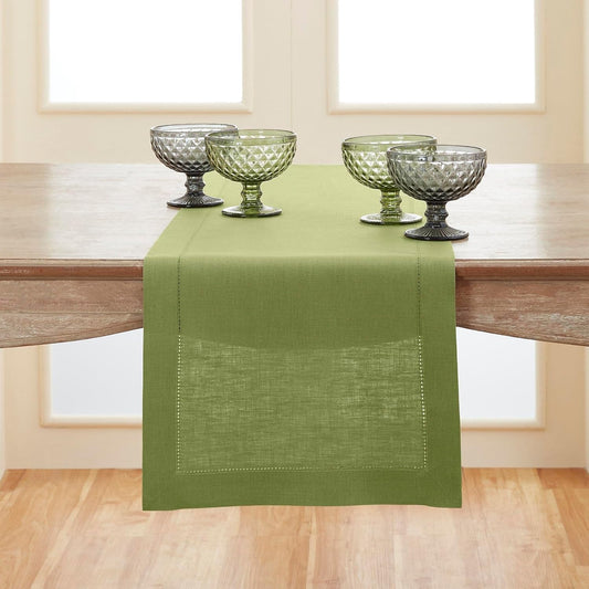 Solino Home Linen Moss Green Hemstitch Table Runner 60 Inches - 100% Pure Linen Small Table Runner 14 x 60 Inch Ideal for Dresser and Coffee Tables - Classic Hemstitch - Fall, Halloween, Thanksgiving