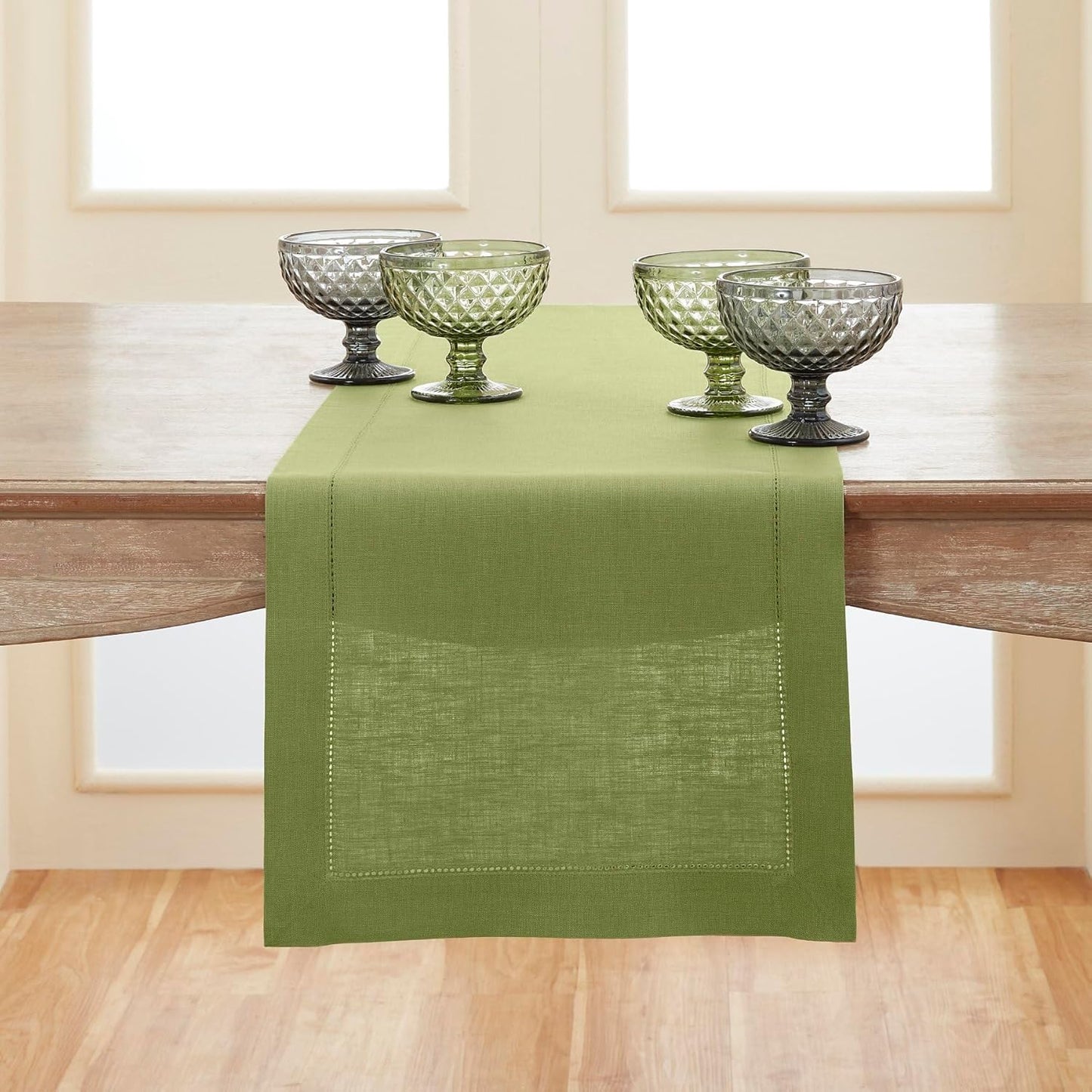 Solino Home Linen Moss Green Table Runner 90 Inches Long - 100% Pure Linen Hemstitch 14 x 90 Inch Table Runner for Dining, Fall, Autumn, Thanksgiving - Classic Hemstitch