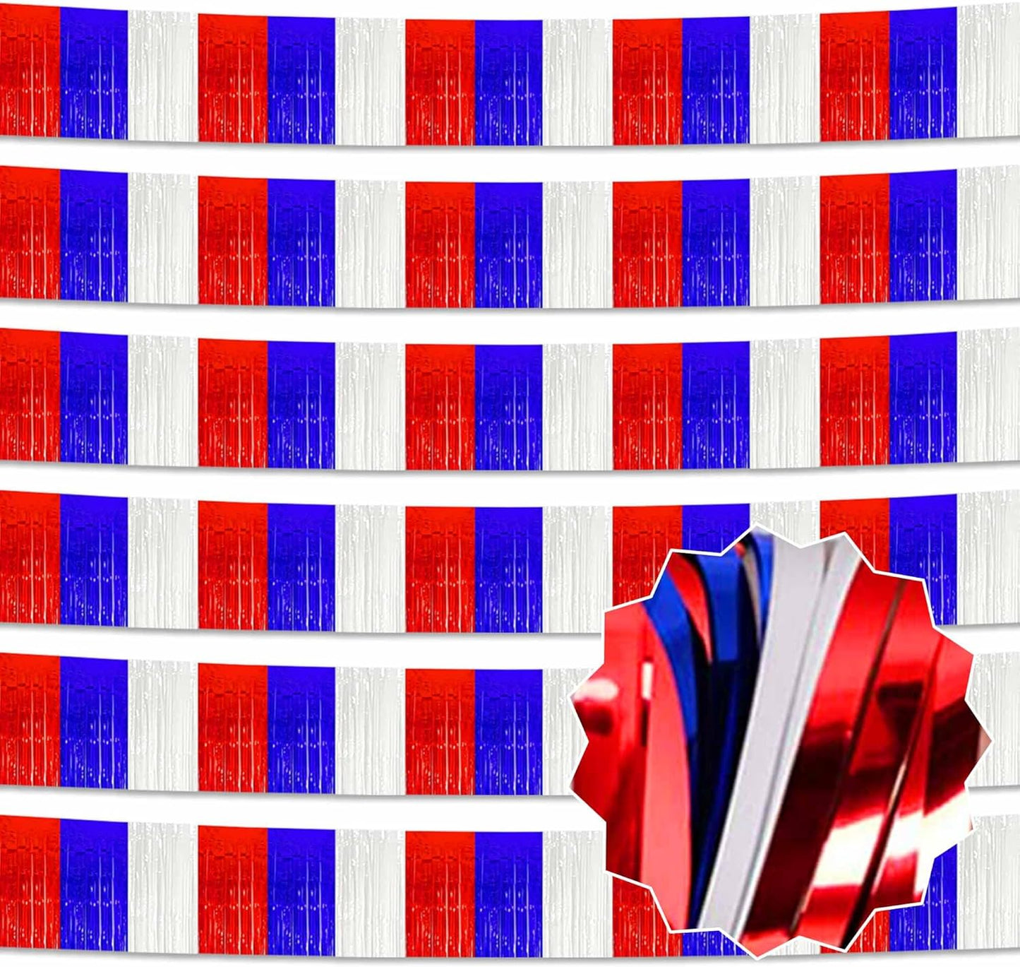 6 Pack 10 Ft White Blue Red Foil Fringe Garland Metallic Streamers Tinsel Banner Wall Hanging Garland Backdrop for Parade Floats, Halloween, Christmas, Thanksgiving, New Year Party Decorations