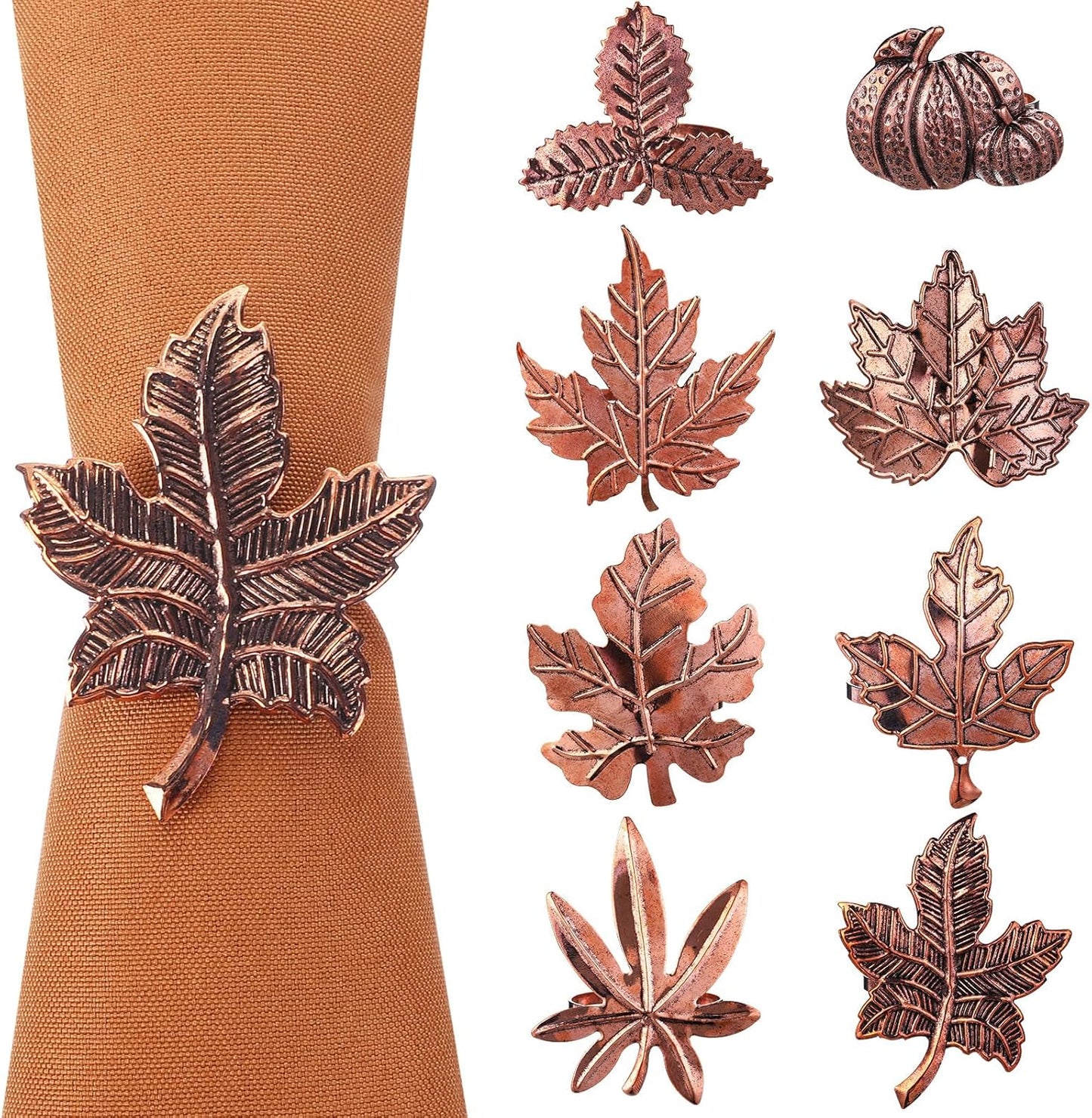 Remerry 8 Pcs Thanksgiving Napkin Ring Harvest Fall Leaf Pumpkin Holders Retro Alloy Metal Napkin Ring Buckle for Thanksgiving Wedding Table Supplies(Leaf and Pumpkin)