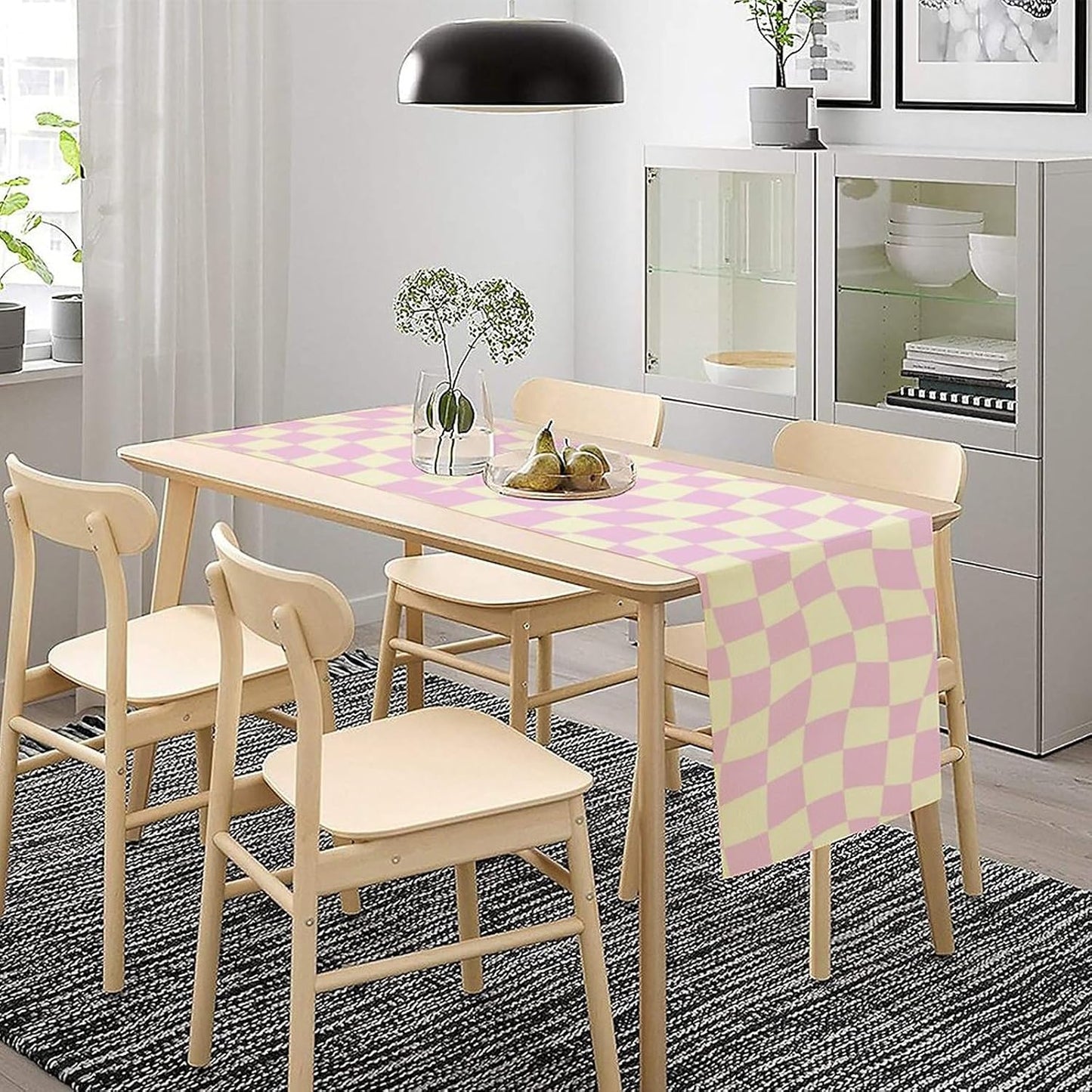 Hippie Table Runner Retro Geometric Square Purple Grid 60s70s Style Kitchen Restaurant Decoration for Indoor and Outdoor Wedding Party Table Runner 13x36 Inch