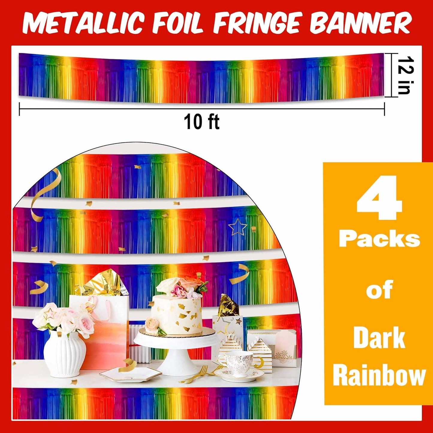 4 Pack 10 Ft Dark Rainbow Foil Fringe Garland Metallic Streamers Tinsel Banner Wall Hanging Garland Backdrop for Parade Floats, Halloween, Christmas, Thanksgiving, New Year Party Decorations