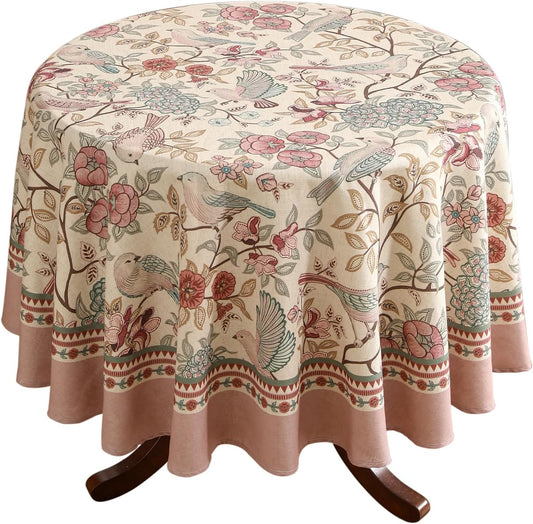 patdrea Designer Vintage Round Tablecloth,Pink Linen Table Cloth with Birds Pattern,Colorful Decoration French Table Cover for Kitchen Dining,Thanksgiving,Party,Christmas,Diameter 55"-Kulom a