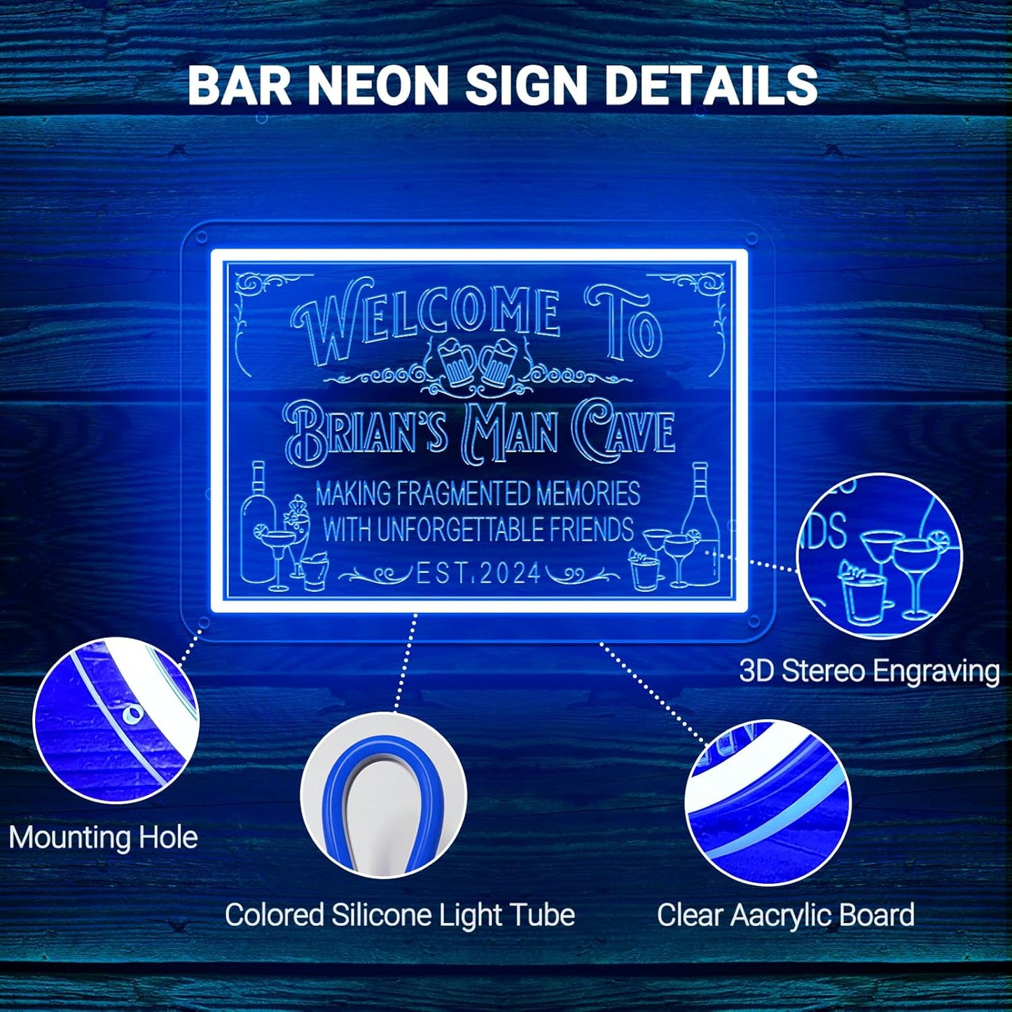 Custom Bar Neon Sign for Man Cave, Personalized LED Whiskey Cocktail Beer Signs, Customized Bar Neon Lights for Home Pub Tavern Bistro Business Wall Decor, Customizable Bar Signs for Men Dad Gifts