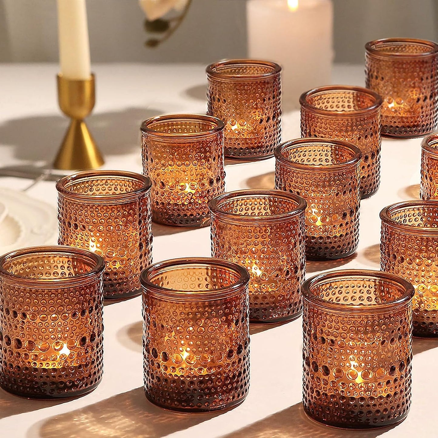 36pcs Amber Votive Candle Holders for Fall Decor, Glass Small Tea Lights Candle Holders for Table Centerpiece for Home Decor Party Fall Boho Decor (Amber)