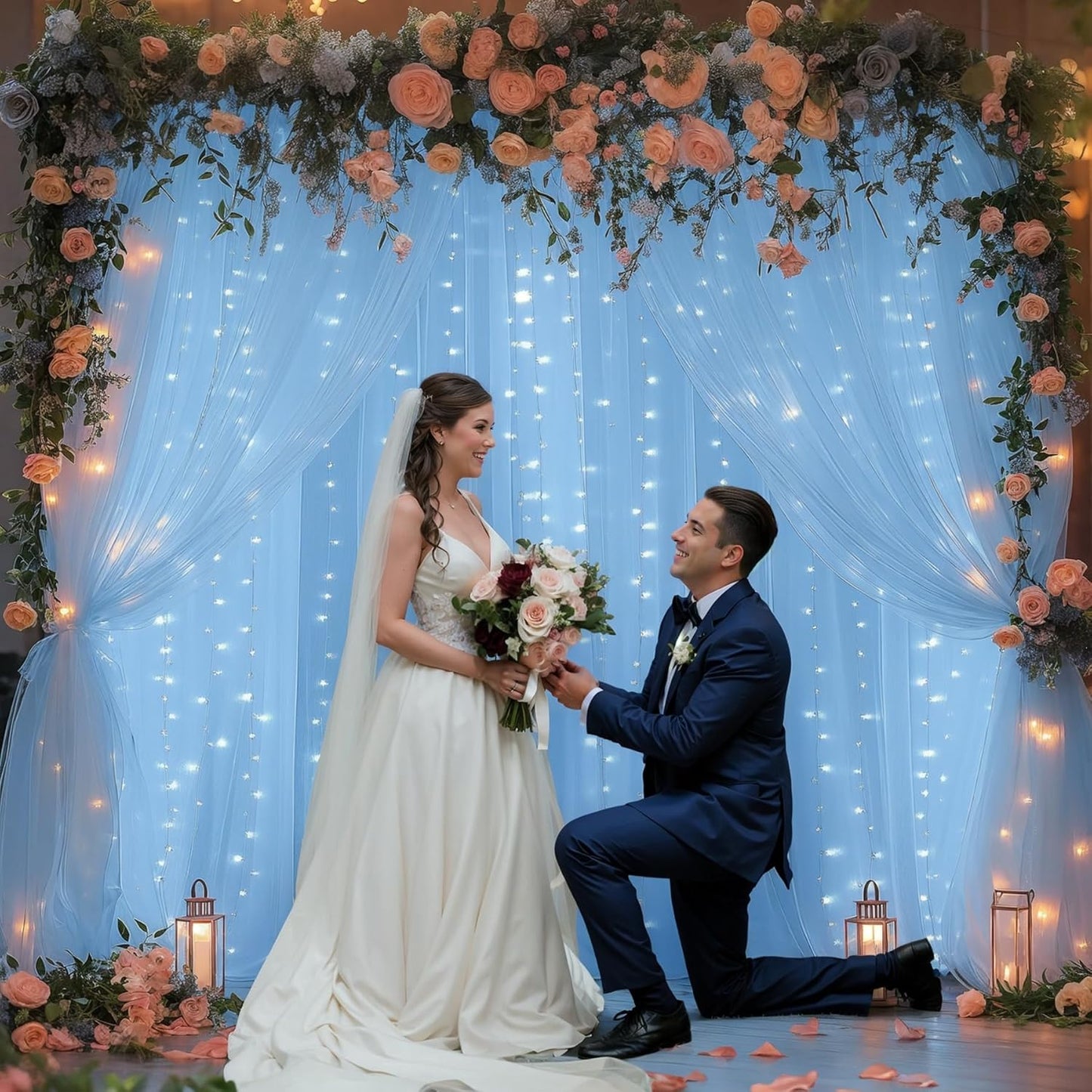 10x8ft Baby Blue Tulle Backdrop Curtains with Lights for Party Wedding Baby Shower, Sheer Drape Backdrop Curtains for Birthday Party Photo Booth Background Decoration