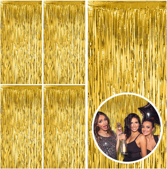 5 Pack Gold Fringe Curtain Backdrop Tinsel Streamers Birthday Party Decorations Christmas Photo Booth Backdrop Halloween New Year Graduation Baby Shower Theme Party Decorations