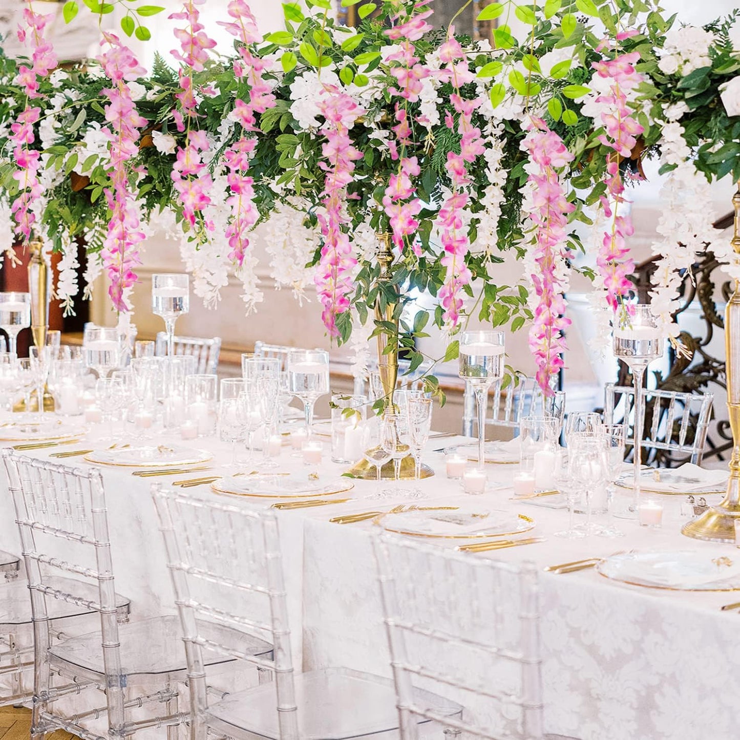 24 Pack Artificial Fake Wisteria Vine Ratta (3.75 Feet) Hanging Garland Silk Flowers String Home Party Wedding Decor(Pink)