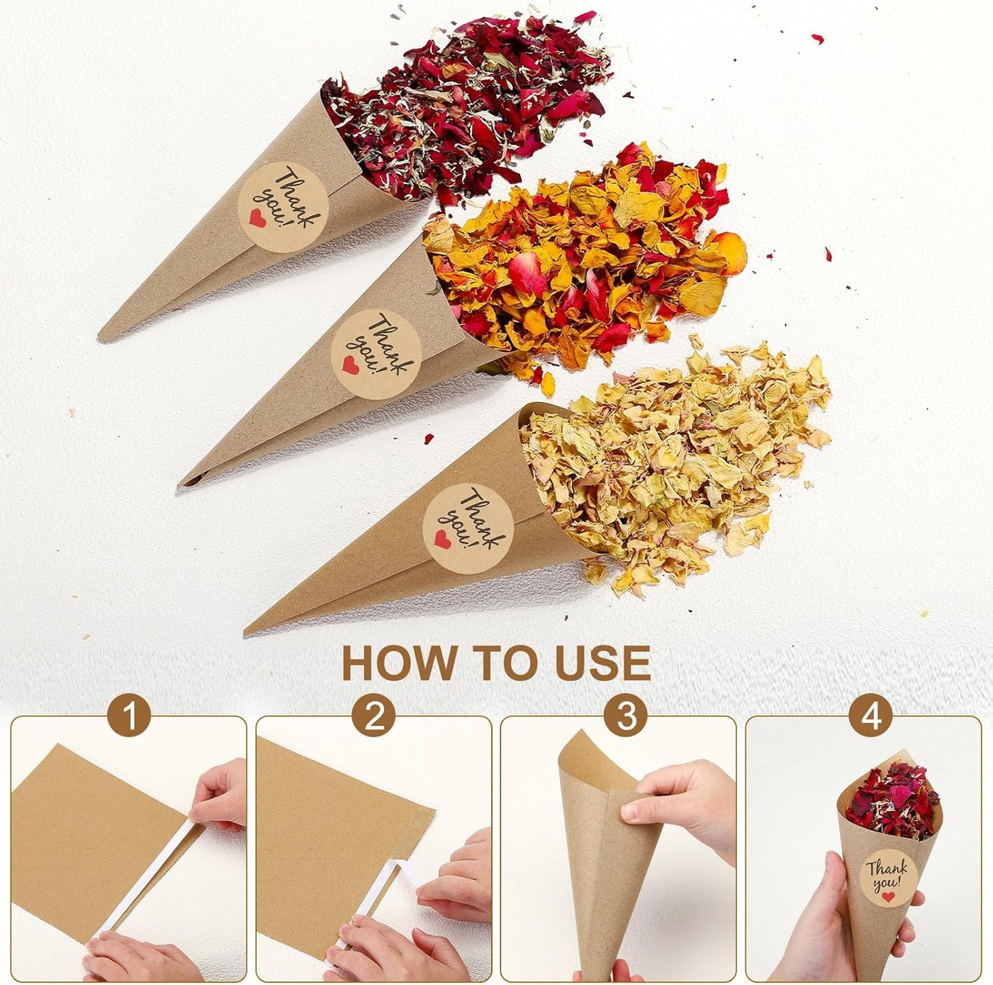 PATIKIL Dried Flower Confetti Cones, 30Pcs Paper Tapers Cone Holder with Dried Rose Petals / Sticker for Wedding Party Engagement Birthday DIY Decoration, Red