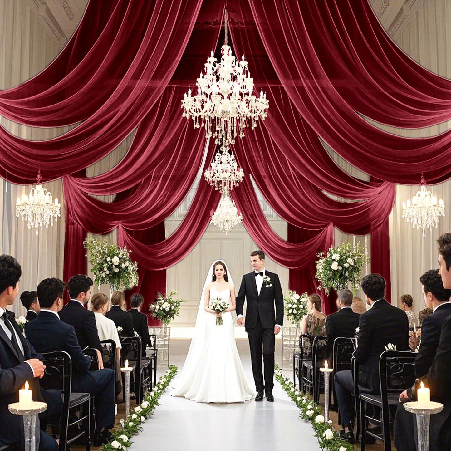 FUHSY Wedding Ceiling Drapes Burgundy Draping Fabric for Wedding Arch 4 Panels 5x20Ft Chiffon Maroon Curtains Drapes Sheer Backdrop Curtains Arch Drapery for Wedding Ceremony Stage Ceiling Decorations