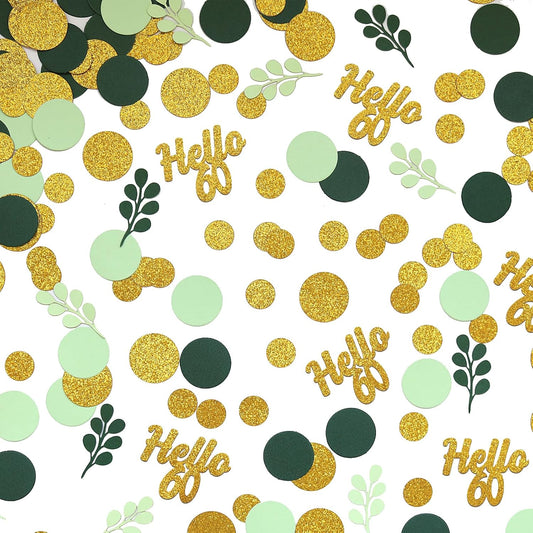 300PC Gold Glitter and Sage Green Happy 60th Birthday Decorations for Men/Woman Greenery 60th Birthday Confetti for Table Sixty Party Decor Supplies