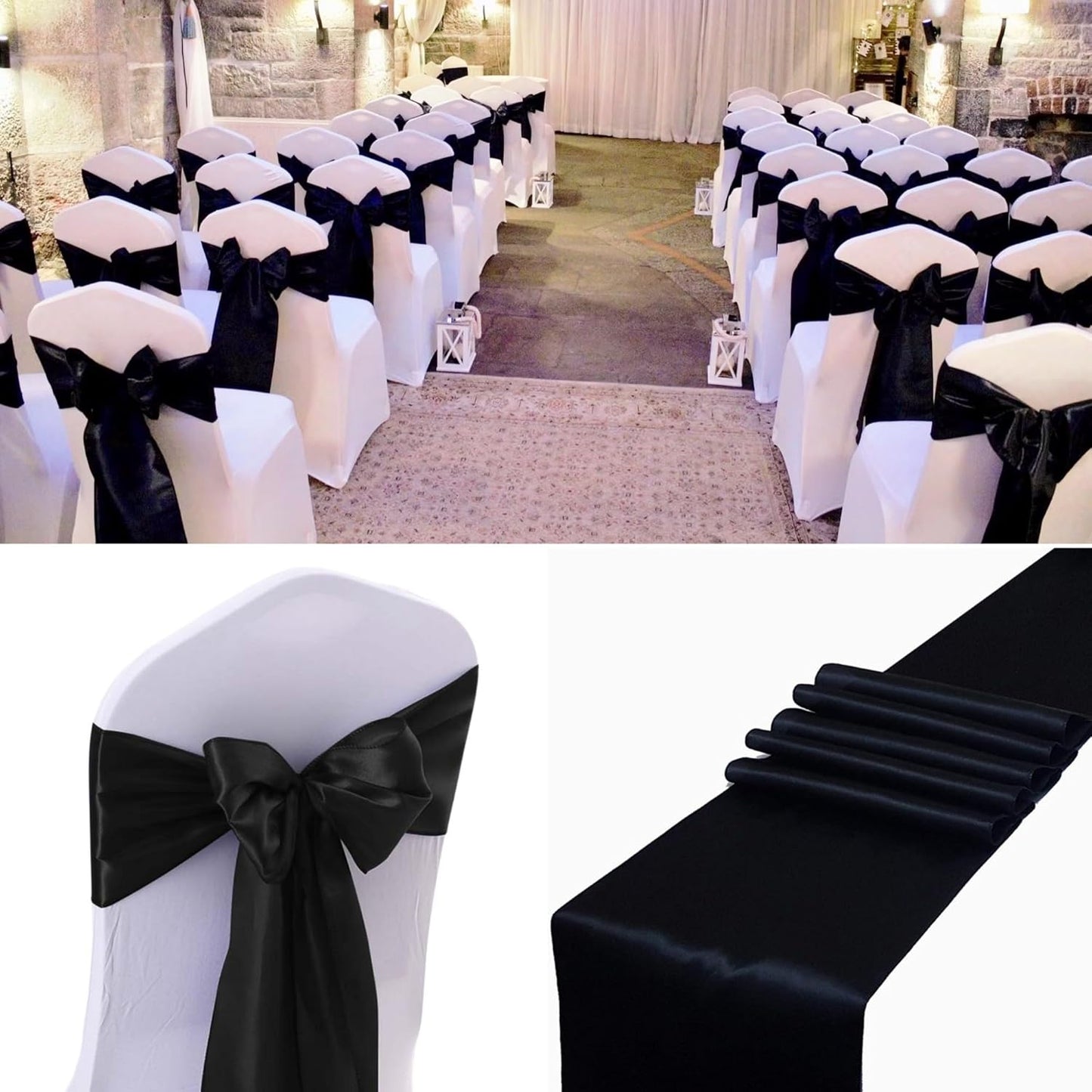 50 PCS Satin Chair Sashes Bows Decorative Universal Chair Cover Chair Ribbon Ties Back Sash for Wedding Birthday Party Ceremony Reception Hotel Events Banquet Restaurant Home Decor(7 x 108inch, Black)