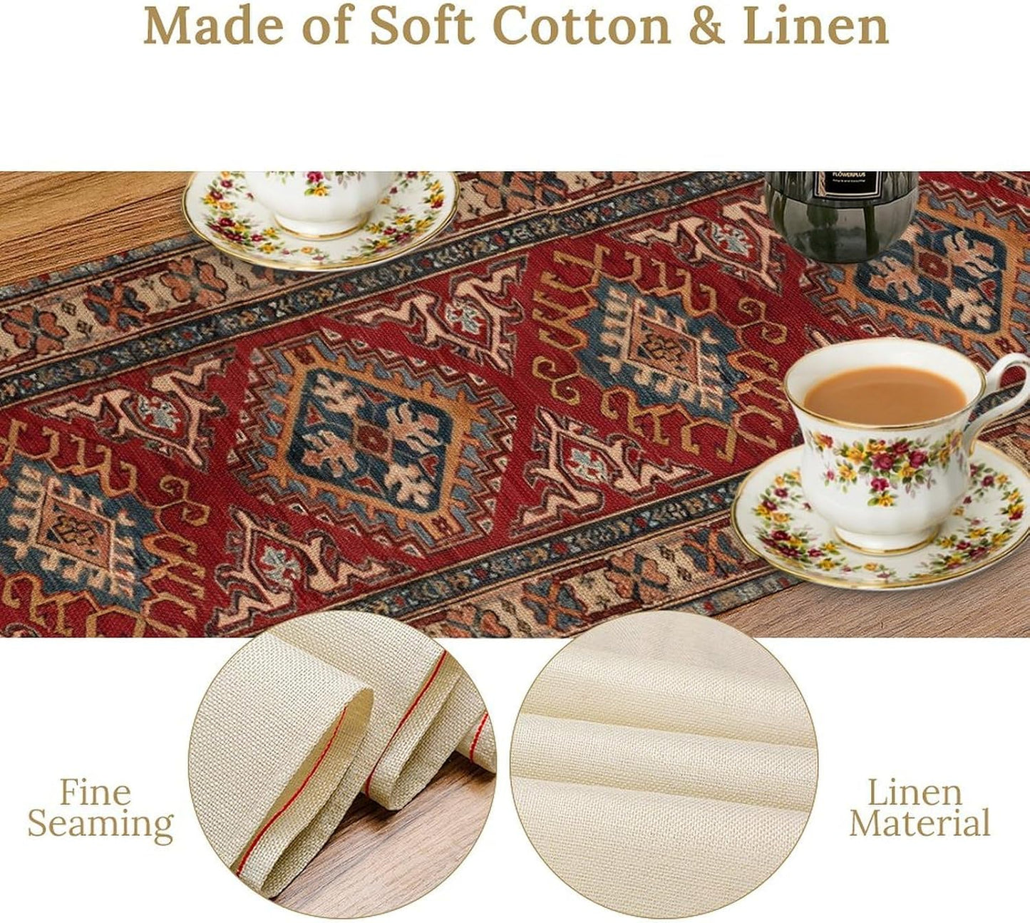 Boho Floral Vintage Table Runner, Red Grey Retro Flower Rustic Country Farmhouse Abstract Pattern for Home Kitchen Table Decor Dining Coffee Room Party Decor 13x108in