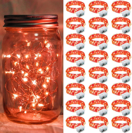 24 Pack Red Fairy Lights 7Ft 20 LED Twinkle String Lights 3 Modes Battery Operated Waterproof Firefly Starry for Mason Jar Party Wedding Christmas Valentines Day Table Centerpieces