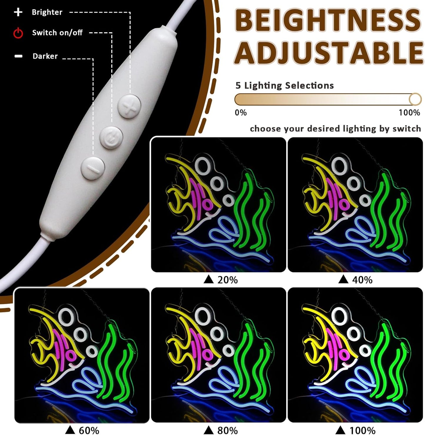 Tropical Fish Neon Sign for Wall Decor, Fish Led Signs for Room, USB Dimmable Neon Lights for Fish Shop Bar Home Pub Club Man Cave Party Store Office Restaurant Ocean Museum Decoration