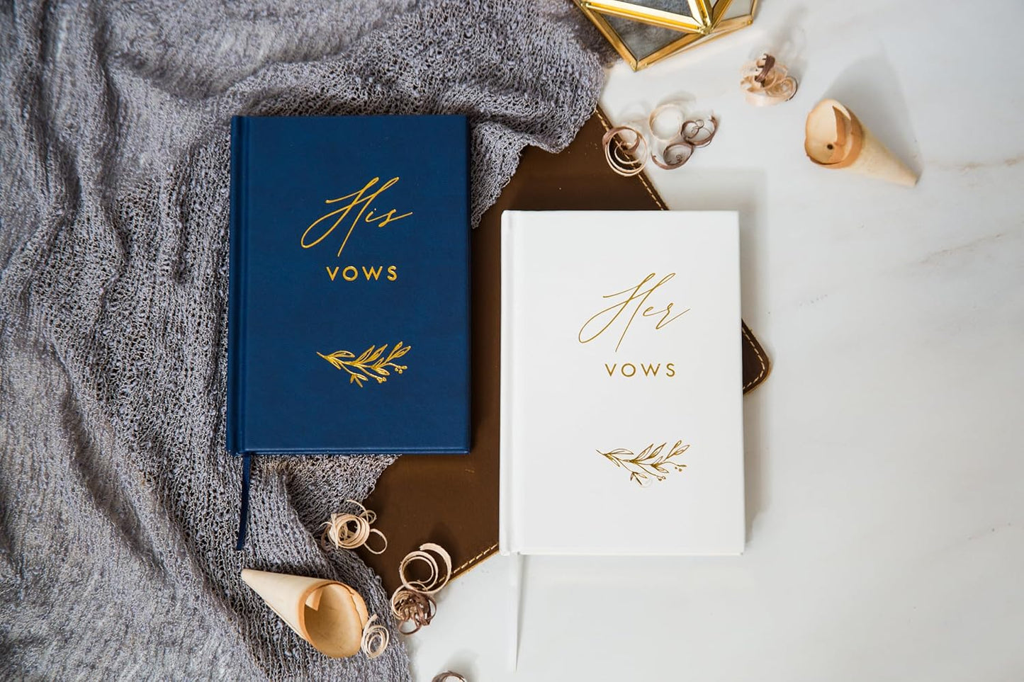 His and Her Vow Books (Set of 2) - Navy & White Hard Cover Gold Embossed Notebook Journal Diary for Nuptial Wedding Cerenomy Vow Renewal / Engagement Gift for Newly Engaged Couples at Bridal Shower