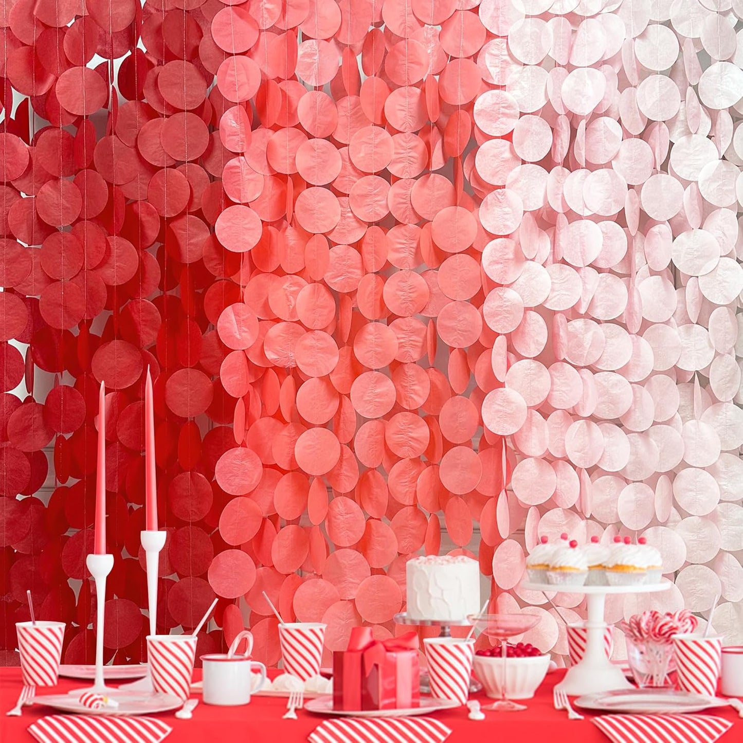 192 Ft Red Party Decorations Ombre Red Polka Dot Backdrop Streamer Tissue Paper Circle Dots Hanging Garland for Birthday Graduation Engagement Wedding Anniversary Valentines Holiday Hen Party Supplies