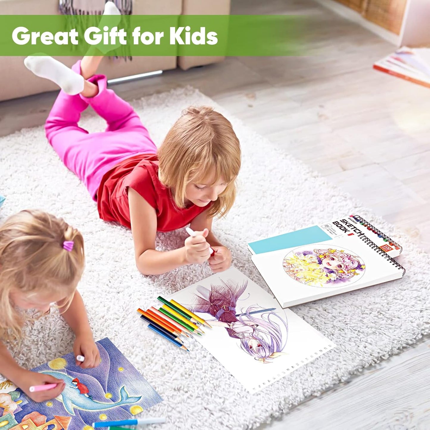 Drawing Set Sketching Kit, Pro Art Supplies, Soucolor 9" x 12" Sketch Book, 1-Pack 100 Sheets Spiral Bound Art Sketchbook for Colored Pencils, Graphite, Charcoal, Metallic Pencils, Sketching Pencils