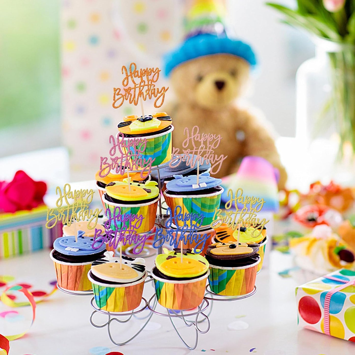 24 PCS Happy Birthday Cupcake Toppers - Multi 6 Colors Glitter Picks for Celebrating Anniversary Theme Party Cake Decorations Supplies