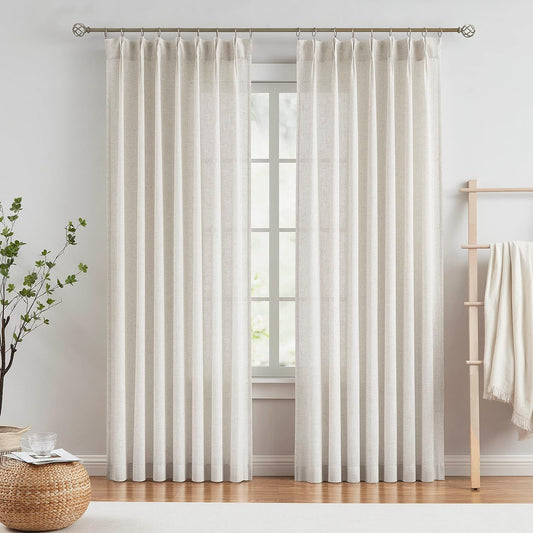 Vision Home Natural Pinch Pleated Semi Sheer Curtains Textured Linen Blended Light Filtering Window Curtains 84 inch for Living Room Bedroom Pinch Pleat Drapes with Hooks 2 Panels 42" Wx84 L