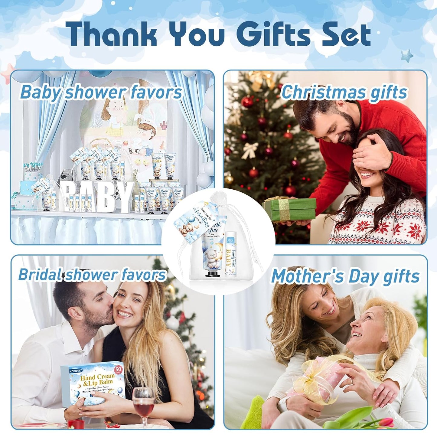 50 Pack Lip Balm and Hand Cream Bulk Gifts Sets, Baby Shower Party Favors and Bridal Shower Favors for Guests with Thank You Card and Organza Gift Bags, Thank You Gifts Bulk, Baby Shower Prizes (Bear)