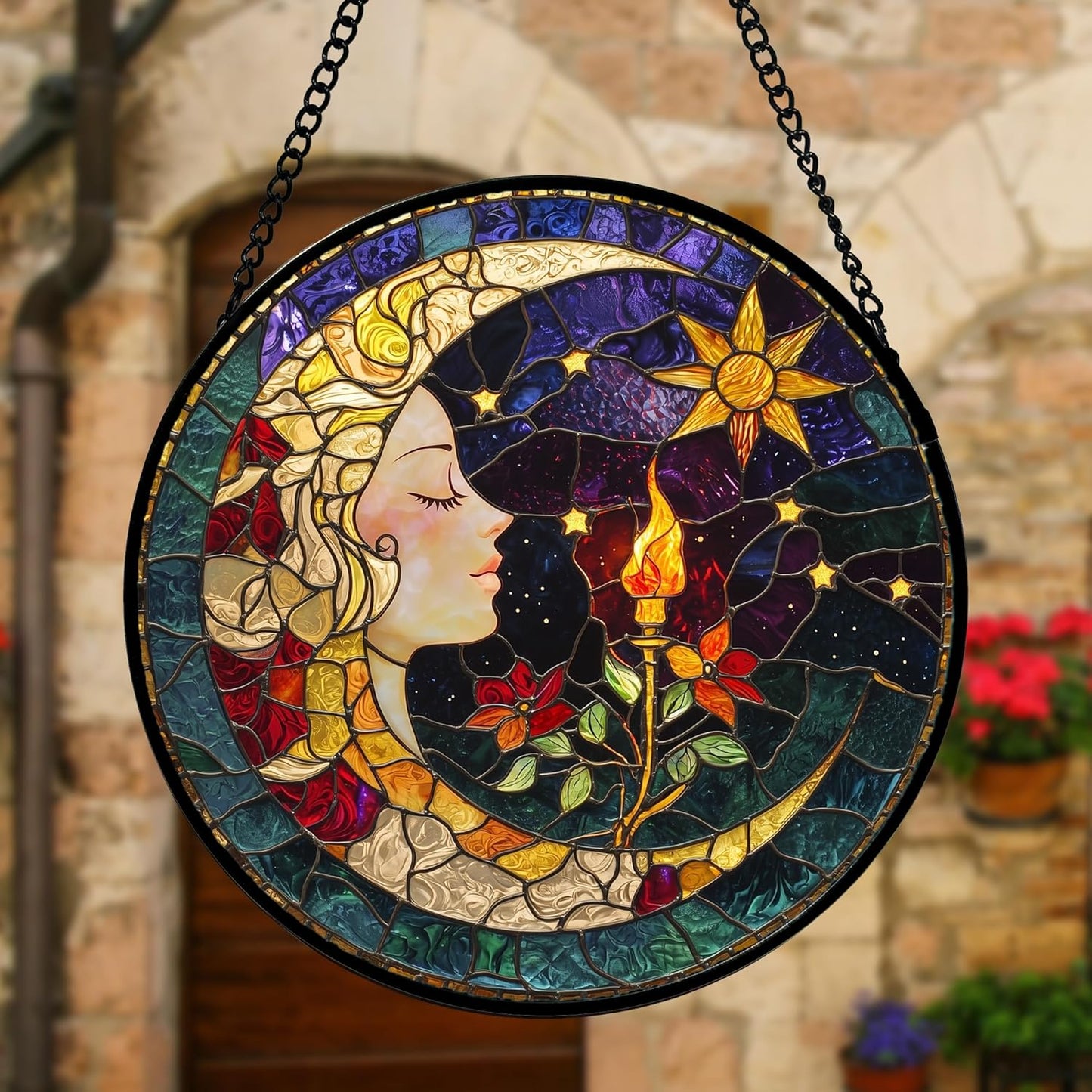 Stained Glass Window Hanging, Moon Goddess Torch Suncatcher Diamond Glass Panel Hangings Dream Sun Catchers Decor for Birthday for Women, Men, Wife, Aunt, and Mom 6.3 in
