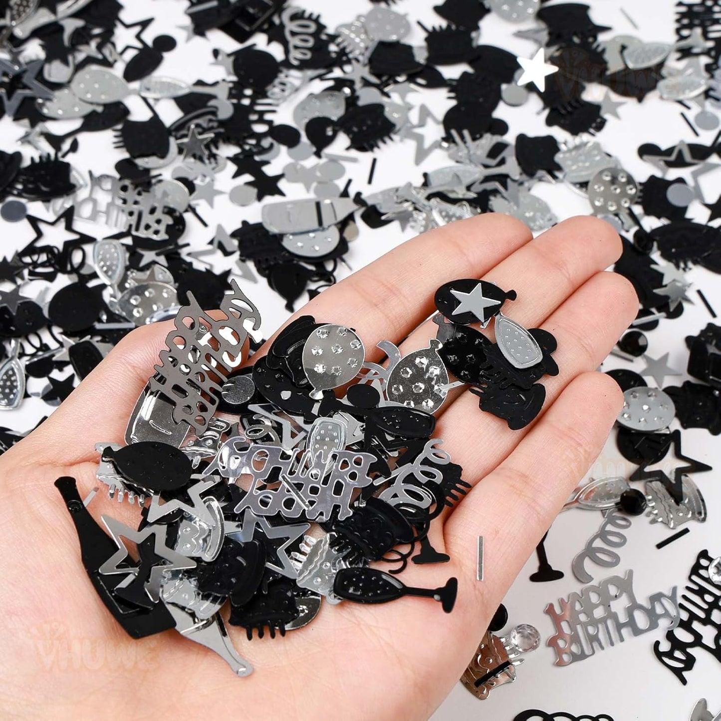 VHUWE Happy Birthday Confetti, 1.6 oz Black Silver Cake Balloon Star Goblet Bottle Confetti for Happy Birthday Party Decorations Boys Girls Kids Women Men Birthday Table Decorations | Black Silver