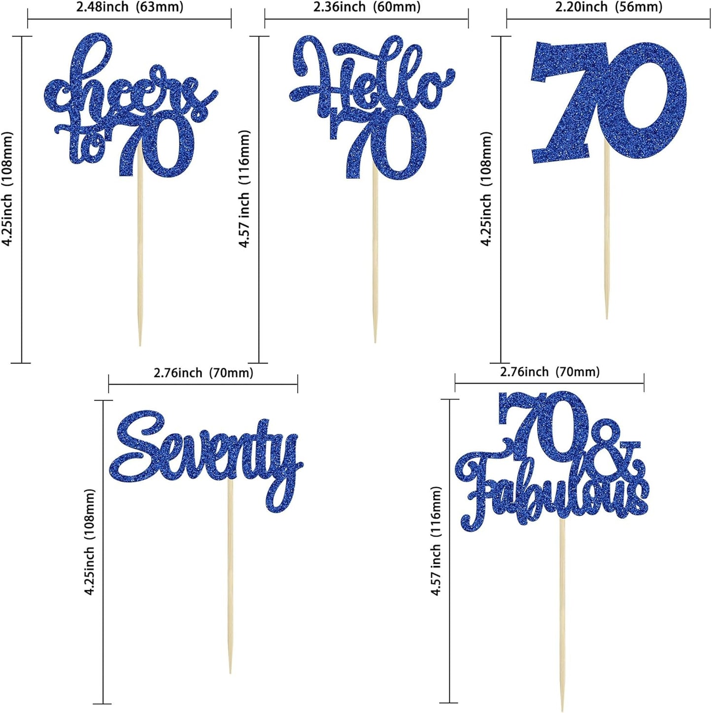 30Pcs Happy 70th Birthday Cupcake Toppers Seventy Cheers to 70 Years Old Birthday Cupcake Picks for 70th Birthday Anniversary Party Cake Decorations Supplies Deep Blue Glitter
